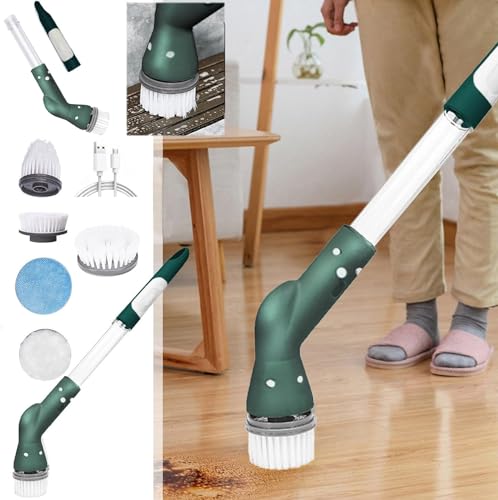 Electric Spin Scrubbers,Cordless Spin Scrubbers with 5 Replaceable Brush Heads and Adjust Extension Handle,Power Cleaning Brush for Bathroom Floor Tile, Green