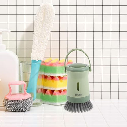 NUOBESTY Soap Dispensing Kitchen Scrub Brush with Handle for Pots and Pans, Palm Dish Scrubber Brush with Built-in Soap Dispenser, Green Dishwashing Tool for Sink Cleaning