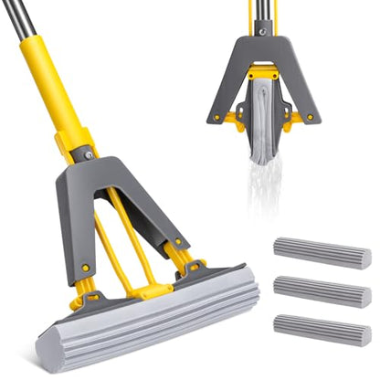 Sponge Mop,Masthome Roller Sponge Mop,Easy Self Squeeze Mop and Stainless Steel Handle,PVA Mops with 3 Absorbent Mop Refills for Home Use Tile Floor Bathroom Cleaning - color: Yellow-grey