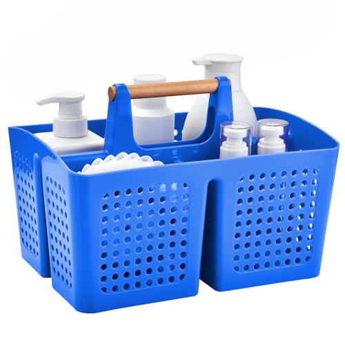 Portable Shower Caddy Basket with Wood Handle, 3-Compartment Bathroom Organizer Tote with Drain Holes, Plastic Shower Basket for Dorm, Toiletries, Cleaning Supplies, Deep Blue - color: Blue