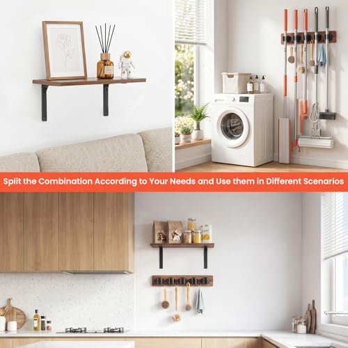 Broom Holder Wall Mount with Wooden Shelf, Rustic Wood Broom Hanger with 5 Racks&4 Hooks,Laundry Room Organization and Storage, Utility Storage Rack for Laundry Room, Garage, Kitchen, Closet. - size: 16.9"Small