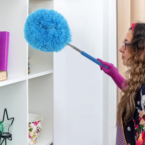 Flexible Dusting Tool Duster - Extendable Microfiber Cleaner, Household Ceiling Fan Remover | Telescopic Dust Removal Wand System, Bendable Head Attachment with Soft Grip for High Furniture Surfaces - color: Blue