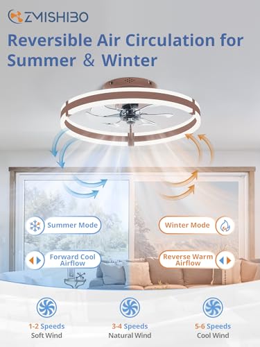 ZMISHIBO Ceiling Fans with Lights and Remote, 19.7'' Low Profile Ceiling Fan, 3000-6000K Dimmable Modern Flush Mount LED Fan Light, 6 Wind Speeds, Brown Fandelier Ceiling Fans for Bedroom - color: Brown, size: 19.7 INCH
