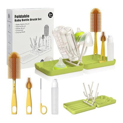 YOTIME Travel Bottle Brush, Travel Bottle Cleaner Kit with Foldable Bottle Drying Rack, for Visit Friends and Relations, Baby Travel Essentials, BPA Free, Green - color: Green