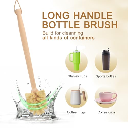 Long Handle Bottle Brush,Wooden Cleaning Brush with Straw Brush,Built for Stanley Cup, Sports Bottles and Coffee Mugs