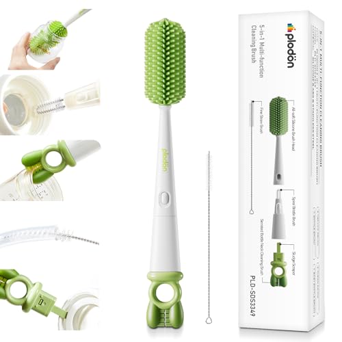 Detachable 5-in-1 Bottle Cleaning Brush Set - Silicone Baby Bottle Brush Cleaner Kit with Nipple Brush, Detail Brush & Straw Brush, Portable Long Handle Bottles Scrubber Cleaning Tool