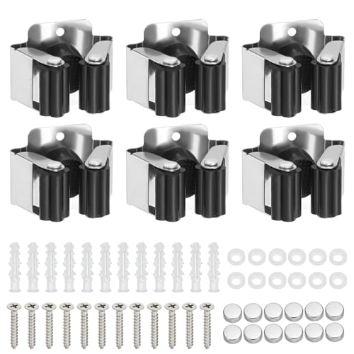 PATIKIL Broom and Mop Holder, 6 Pack Wall Mounted Stainless Steel Mop Hanger Heavy Garden Tool Organizer Rack Hanging Clips with Screws for Home Garage, Black - color: Black