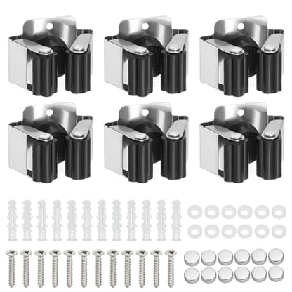 PATIKIL Broom and Mop Holder, 6 Pack Wall Mounted Stainless Steel Mop Hanger Heavy Garden Tool Organizer Rack Hanging Clips with Screws for Home Garage, Black - color: Black