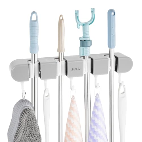 3PCS Broom Holder Wall Mount, No-Drilling Self-Adhesive Mop and Broom Storage Rack (4 Racks with 5 Hooks),Wall-Mounted Broom Hanger for Bathroom, Kitchen, Closet, Garage (Gray)