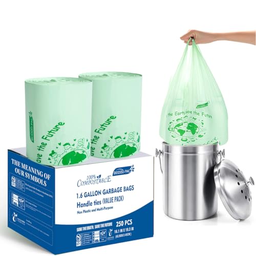 BEIDOU-PAC 1.6 Gallon Compostable Trash Bags with Handle, 250 Count Small Compost Kitchen Garbage Bags, Food Scrap Waste Bags for Countertop Bin, ASTM D6400, US BPI Certified - style: Handle | 1.6 Gallon | 250 Count