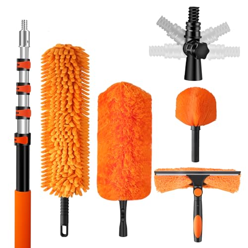 20ft High Reach Duster Kit with Extendable Pole (5-12ft),High Ceiling Duster Kit Includes–Ceiling Fan Blade Cleaner, Cobweb Remover, Bendable Duster, Microfiber Glass Scrubber & Squeegee & Swivel Head - size: 12 feet