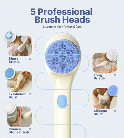 POPCHOSE Electric Body Brush for Shower with Long Handle, Waterproof | Rechargeable back scrubber with 5 interchangeable heads and 2 speeds for deep cleansing, exfoliating and massage.