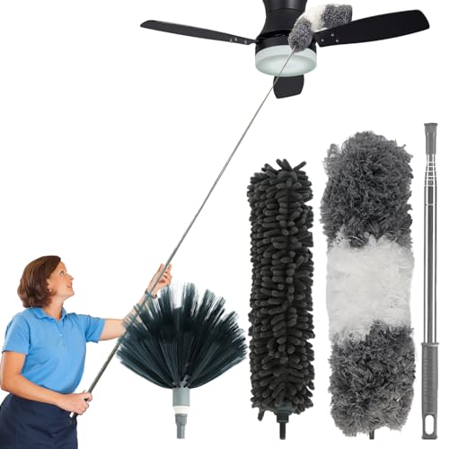 4-in-1 Ceiling Fan Cleaner Duster with 100" Extension Pole,Microfiber Cobweb Duster with 3 Washable Heads,Bendable Spider Web Cleaner Brush for High Ceiling Fans Blinds Windows Wall Furniture