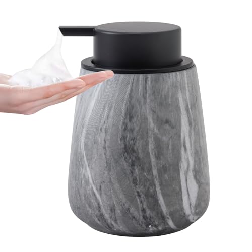 12Oz Foaming Hand Soap Dispenser - Ceramic Bathroom Foam Soap Dispenser with Easy-to-Press Black Pump, Refillable Lotion Hand Dispenser, Dish Soap Dispensers for Kitchen, Marble Grey - color: Marble Grey, style: Foam Pump