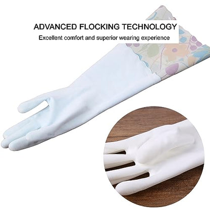 Bamllum 3 Pairs Rubber Cleaning Gloves, Household Kitchen Dishwashing Gloves with Cotton Flocked Liner, Long Cuff 16 Inches, Reusable, Non-Slip (Large, Blue+Pink+White) - color: Blue+pink+white, size: Large