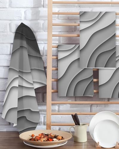 Abstract Geometric Art Hand Towels Set,Waffle Weave Kitchen Towels 2 Pieces,Hair Face Bath Tea Towel Absorbent Quick Drying Cleaning Dish Cloths,Modern Ombre Grey White Ocean Seawaves 15.7"x23.6" - color: Black, size: 2PCS,15.7"x23.6"