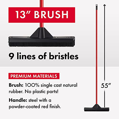Pet Hair Remover Rubber Broom with Built in Squeegee - Carpet Rake for Pet Hair Removal on Hardwood Floor, Carpet & Tile - Picks Up More Dust & Debris - Rinse to Clean - size: 1 Piece Handle
