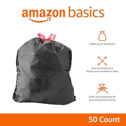 Amazon Basics Flextra Multipurpose Drawstring Trash Bags,30 Gallon,50 Count (Pack of 6) - size: 50 Count (Pack of 6)