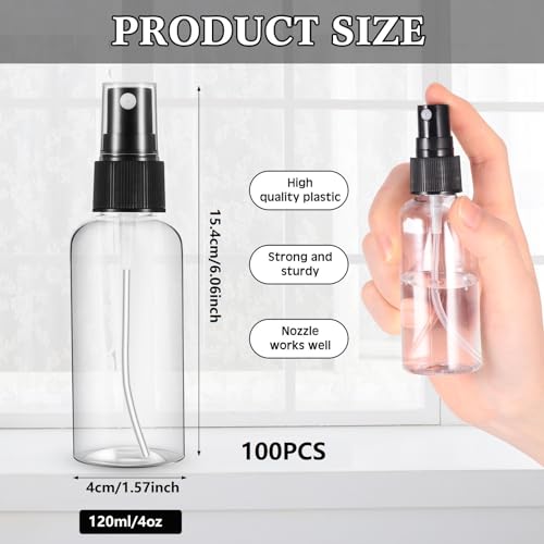 Kigley 100 Pcs Small Spray Bottle Bulk 4 oz Plastic Empty Mist Spray Bottles for Essential Oils Fine Mist Sprayer Reusable Refillable Portable Travel Containers for Perfume Cleaning Samples(Clear) - color: Clear