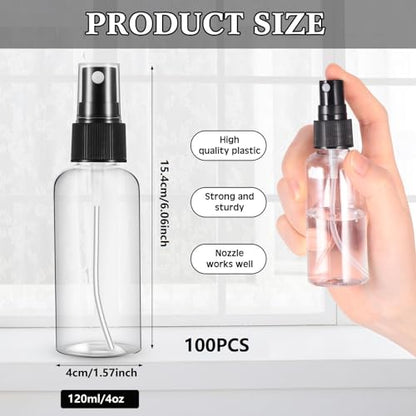 Kigley 100 Pcs Small Spray Bottle Bulk 4 oz Plastic Empty Mist Spray Bottles for Essential Oils Fine Mist Sprayer Reusable Refillable Portable Travel Containers for Perfume Cleaning Samples(Clear) - color: Clear