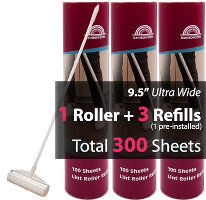 RainbowZone 9.5" Extra Wide Lint Roller for Pet Hair Removal - Extendable Long Handle with 300 Super Sticky Sheets for Furniture, Couch, Car & Carpet Cleaning - Large Pet Hair Remover with 3 Refills - size: 1 Roller + 3 Refills
