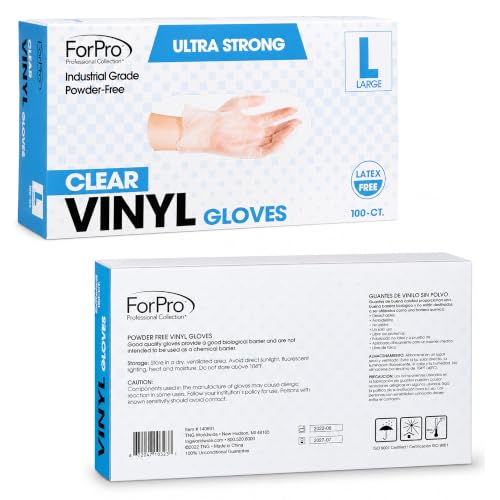 ForPro Disposable Vinyl Gloves, Industrial Grade, Powder & Latex Free, Non-Sterile, Food Safe, 2.75 Mil Palm, 3.9 Mil Fingers - color: Clear, size: Large (Pack of 100)