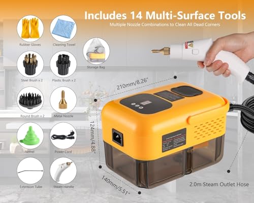 Foandbevi Steam Cleaner for Home, Handheld 2500W High Pressure Steamer for Cleaning, 9-Level Multipurpose Steam Cleaner for Car Detailing Floor Upholstery Kitchen Bathroom Grout Tile, 14 Accessories