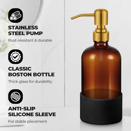 16 oz Hand and Dish Soap Dispenser Set for Kitchen and Bathroom, 500ml Amber Glass Soap Dispenser with Stainless Steel Golden Pump, Non-Slip Silicone Sleeves, Labels - 2 Pack - color: Amber With Golden Pump