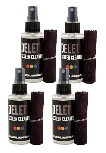 Delete Screen Cleaner Spray Kit, 4 Pack, 2oz Bottle and 12"x12" Microfiber Cleaning Cloth, Streak-Free, Safe and Gentle Formula, Multi-Purpose for Travel, Small TVs, Cameras, Laptops, Phones - style: 4 Pack, 2oz