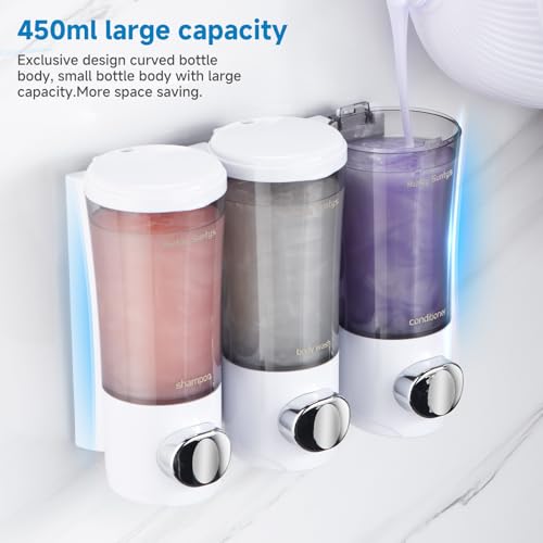 Shampoo and Conditioner Dispenser No Drill Shower Soap Dispenser Wall Mounted Shower Dispenser 3 Chamber with Upgrade Smooth Pump Head Bathroom Body Wash Soap Dispenser Set 450ml*3 White - color: White 3 Chamber