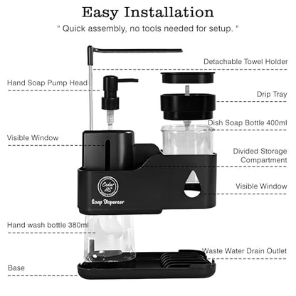 Kitchen Soap Dispenser Set (Black) – 4 in 1 Dual Pump Bottles with Sponge Caddy, Brush Holder, Towel Bar & Drain Rack – Space-Saving Countertop Organizer for Sink & Bathroom