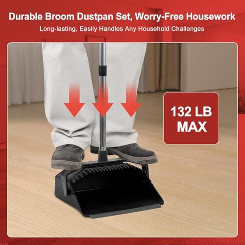 Tiumso Upgrade Broom with Dustpan Combo Set, Broom and Dustpan Set with 51'' Long Handle, Large Upright Brooms and Dust Pans, ZeroGap Lip, Self-Cleaning Dustpan Teeth for Lobby and Restaurant - Black - color: Black