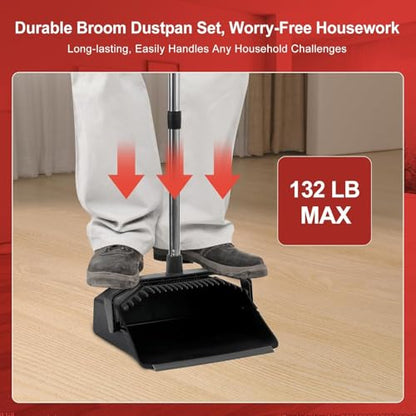 Tiumso Upgrade Broom with Dustpan Combo Set, Broom and Dustpan Set with 51'' Long Handle, Large Upright Brooms and Dust Pans, ZeroGap Lip, Self-Cleaning Dustpan Teeth for Lobby and Restaurant - Black - color: Black