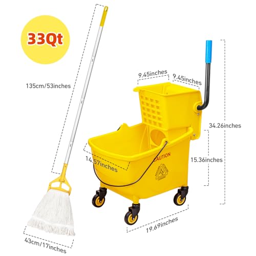 33 Qt Commercial Mop Bucket, with Side-Press Wringer on Wheels. Includes an Industrial Mop. Yellow Industrial Mop Bucket, Suitable for Home, Commercial, Restaurant Cleaning