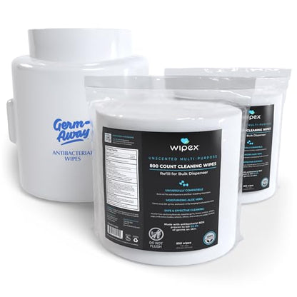 Wipex Bulk Fitness Wipes Bundle - Get (2) 800ct Gym Sanitizing Wipes with Plant Based Cloth and BZK Antiseptic & (1) White Wall-Mounted Dispenser, Great for Schools, Fitness & Wellness Centers & Gyms - size: 800 Count (Pack of 2 + Wall Dispenser)