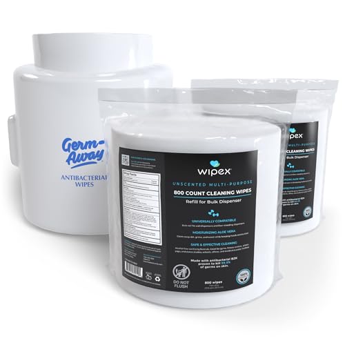 Wipex Bulk Fitness Wipes Bundle - Get (2) 800ct Gym Sanitizing Wipes with Plant Based Cloth and BZK Antiseptic & (1) White Wall-Mounted Dispenser, Great for Schools, Fitness & Wellness Centers & Gyms - size: 800 Count (Pack of 2 + Wall Dispenser)