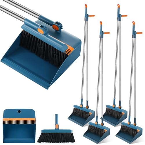 Suclain 4 Set 8 Pcs Broom and Dustpan Set 47 Inch Long Handle Brooms for Sweeping Indoor Household Dustpans for Indoor Outdoor Kitchen Floor(Blue) - color: Blue