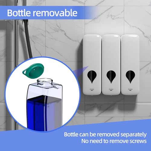 3 Pack Soap Dispenser Wall-Mounted, Bathroom Flip-Top Shampoo and Conditioner Dispenser Set 3x300ml, Shower Dispenser with Removable Bottle No Drill 3 Chamber Refillable Dispensers Kitchen Starry Gray - color: White 3-pack