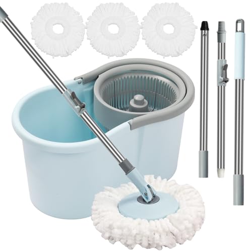 Spin Mop and Bucket with Wringer Set, 360° Spinning Mop Bucket System with 3 Microfiber Mop Replacement Heads, Adjustable Handle for Floor Cleaning (Light Blue) - color: Light Blue
