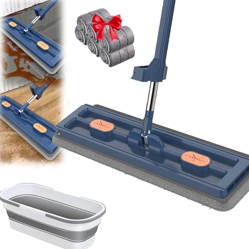 2025 New Large Flat Mop and Bucket Set,360 Rotation Flat Mop with Bucket with 6 Microfiber Pads,for Tile,Hardwood,Windows Wet and Dry (Blue)