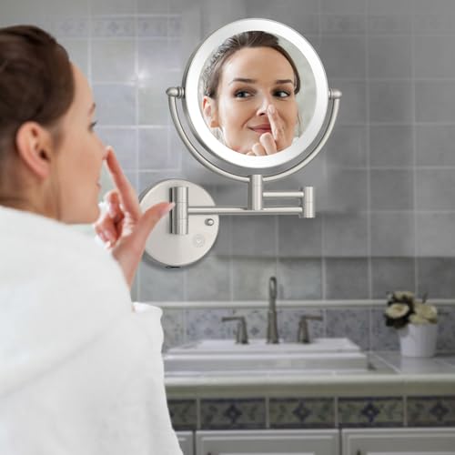 8 Inch Rechargeable Brass Lighted Magnifying Mirror Wall Mounted, 1X/5X Double-Sided Bathroom Personal Makeup Mirror with Light, Brushed Nickel - color: Brushed Nickel