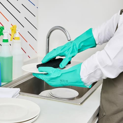 Restaurantware Green Cleaning Gloves 10 Pairs 15 Mil Thick Extra Large Heavy-Duty Nitrile Gloves With Long Cuff No-Latex Flock Lining For Use In Hospitals, Commercial Kitchens and Households - color: Green, size: 10/Extra large