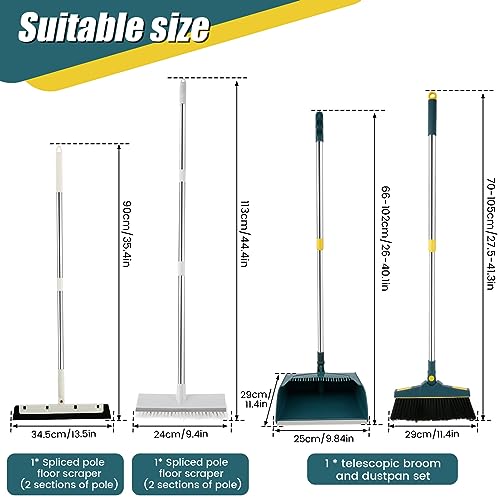 4Pcs Broom and Dustpan Set with Floor Squeegee Rectangular Brush Retractable Upright Broom Dustpan Squeegee Rectangular Brush Combo Set with Long Stainless Steel Handle for Living Room Kitchen Office