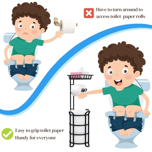 Shower Scrubber with Long Handle, 47'' Bathtub Scrub Brush, Toilet Paper Holder Stand with Shelf, Free Standing Tissue Roll Storage Rack