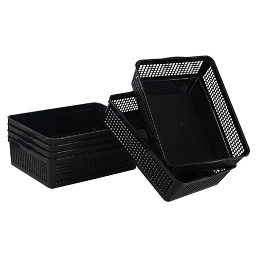 6 Pack A4 Size Shallow Plastic Storage Baskets, Black | Classroom Desktop Paper File Letter Organizer Basket Tray