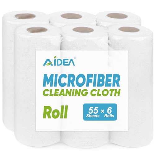 AIDEA Microfiber Cleaning Cloth White, Shop Rags 330 Sheets(6 Roll), Towels for Cars, Tear Away Reusable Paper Towels, Kitchen Towels Cleaning Rags for Automotive, Mechanic, Workshops, House, 11×9" - color: White, size: 55 Count (Pack of 6)