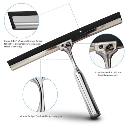 Shower Squeegee for Glass Doors Stainless Steel with Self Adhesive Hook Window Squeegee for Shower Door Bathroom Mirror Wiper, Window Glass Cleaning - size: 14 inches