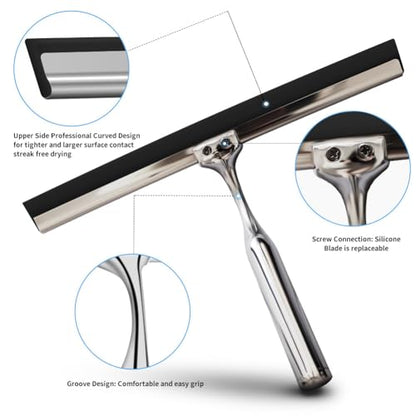 Shower Squeegee for Glass Doors Stainless Steel with Self Adhesive Hook Window Squeegee for Shower Door Bathroom Mirror Wiper, Window Glass Cleaning - size: 14 inches