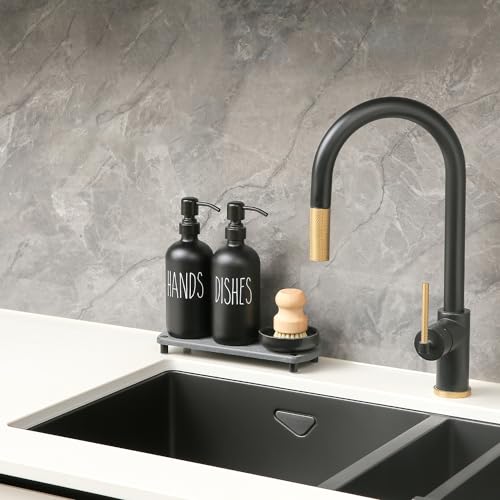 MOMEEMO Matte Black Soap Dispenser Set Comes with Stainless Steel Pumps, Instant Dry Tray, and Dish Scrub Brush, Suitable for Matte Black Kitchen Accessories. (Black) - color: Black1