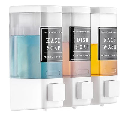 Shampoo and Conditioner Dispenser for Shower,3 Chamber,White | Wall Mounted, No Drill, 3×16.9oz,ABS Plastic Material,Refillable With Labels, For Bathroom Hotel - color: White